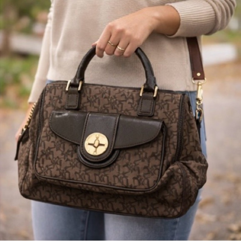 Vintage DKNY Monogram Satchel Handbag • Brown Logo Print. Read Description - Picture 2 of 8